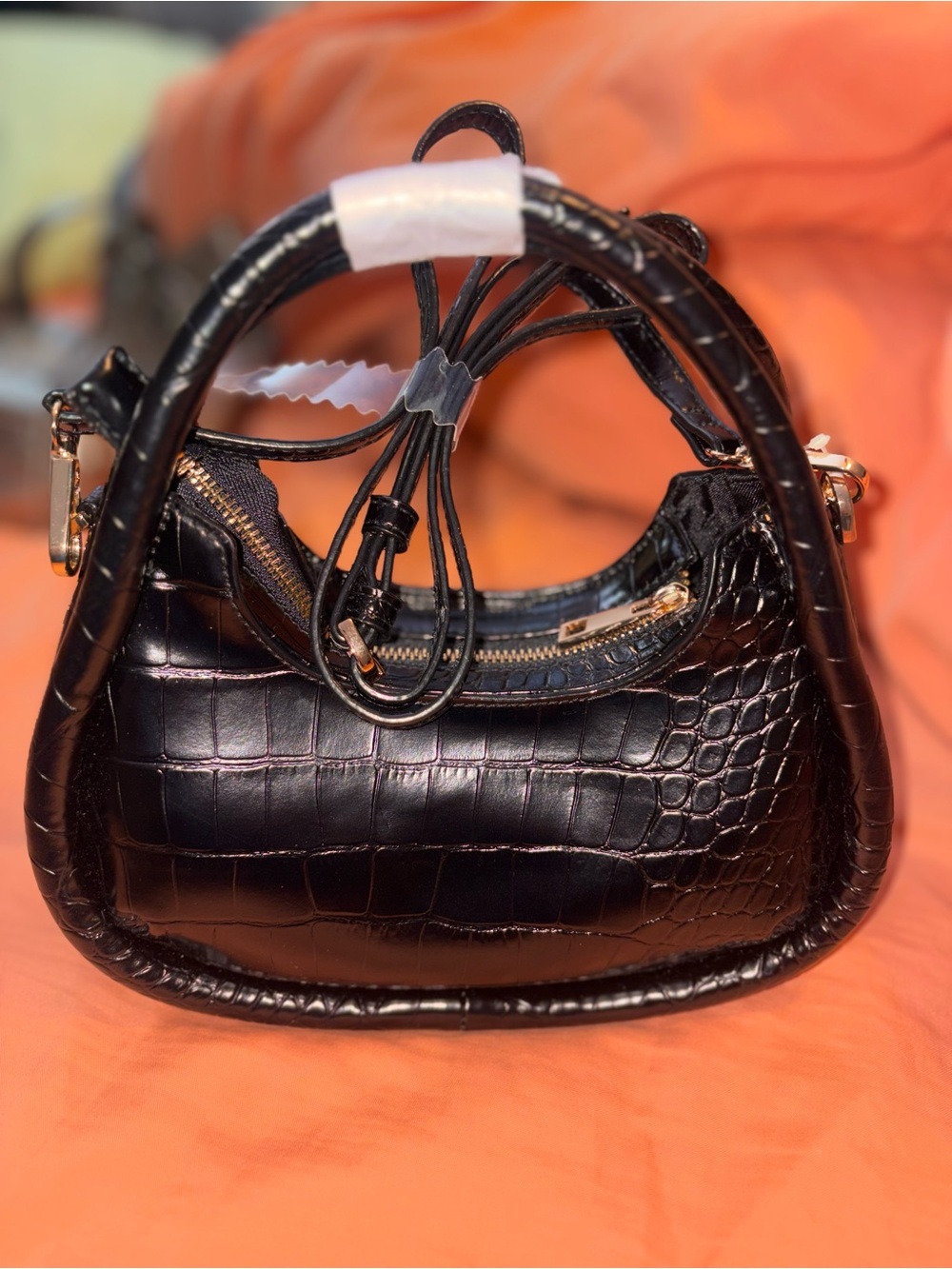 Black Croc-Embossed Mini Shoulder Bag with Gold Hardware